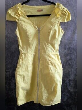 Yellow Zip-Front Mini Dress with Puff Shoulder Detail